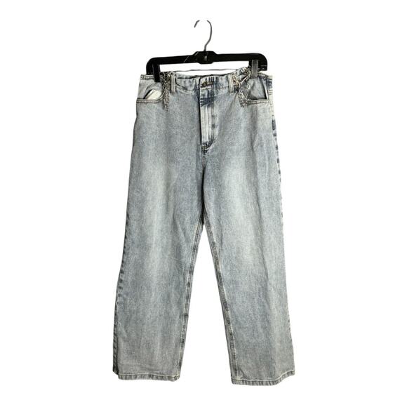 Lioness Acid Washed High Rise Wide Leg Jeans Silver Chain Detail Size Large - Picture 1 of 9